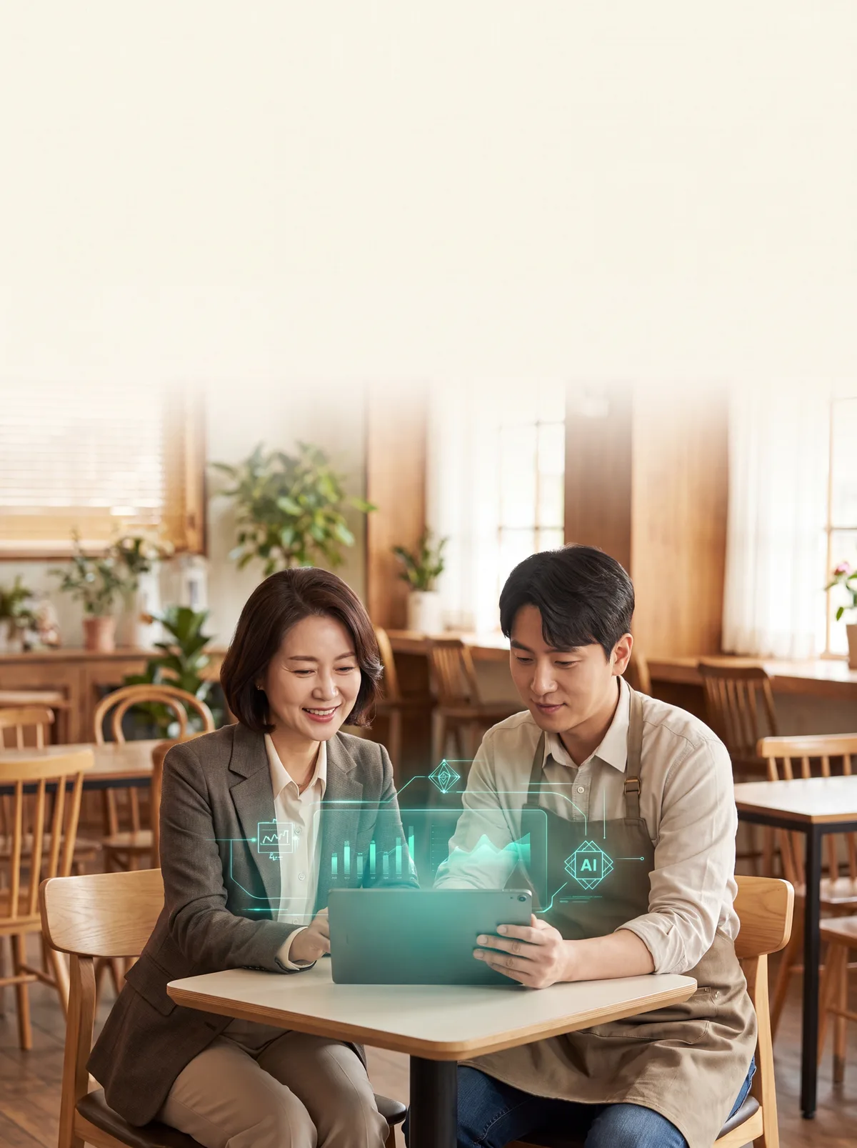 전문가와 나란히 앉아 노트북으로 AI를 배우는 소상공인